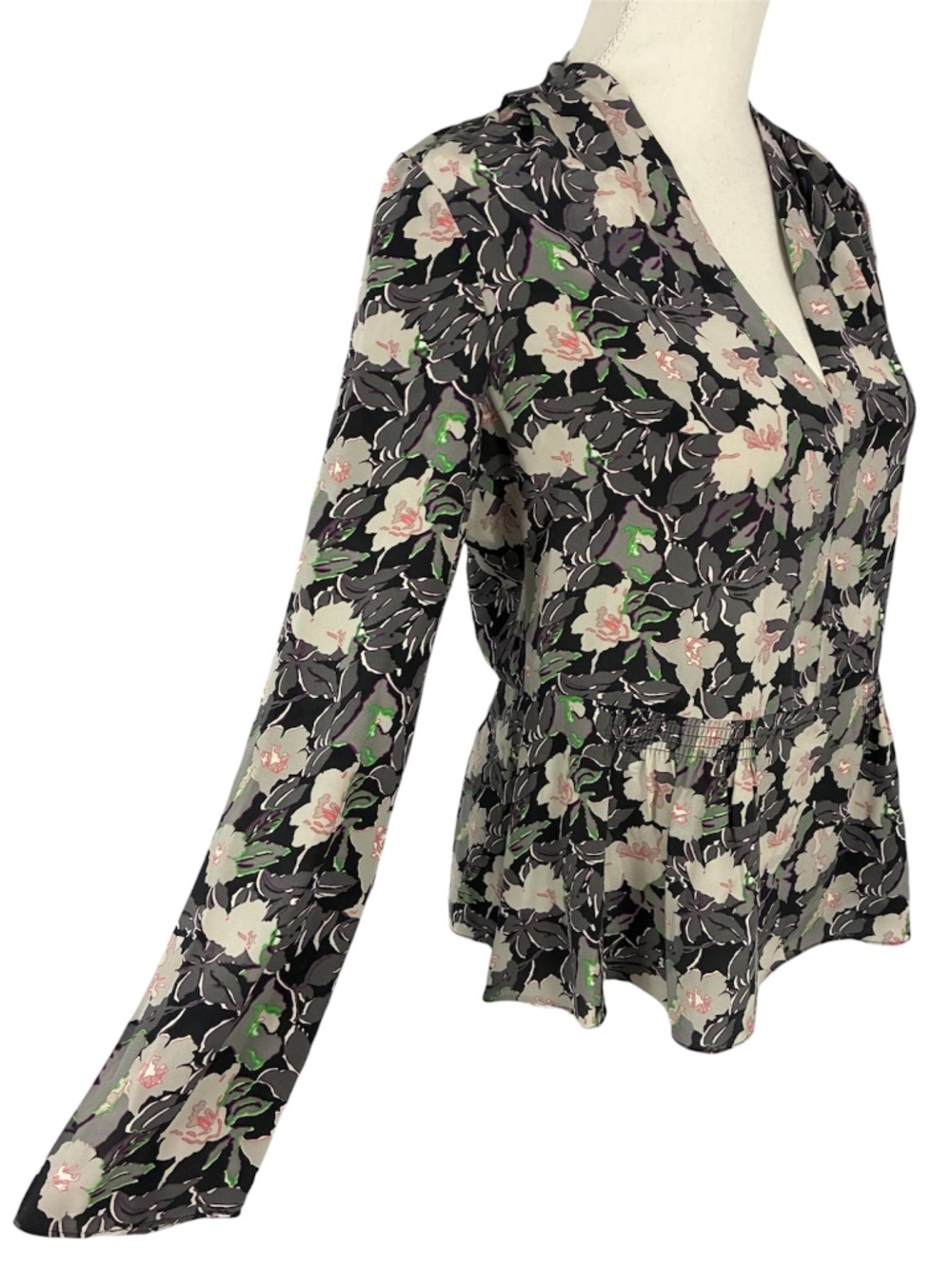 Rebecca Taylor Silk Roses Blouse 6 Gray Black Blush Pink Long Sleeve Crepe Shirt